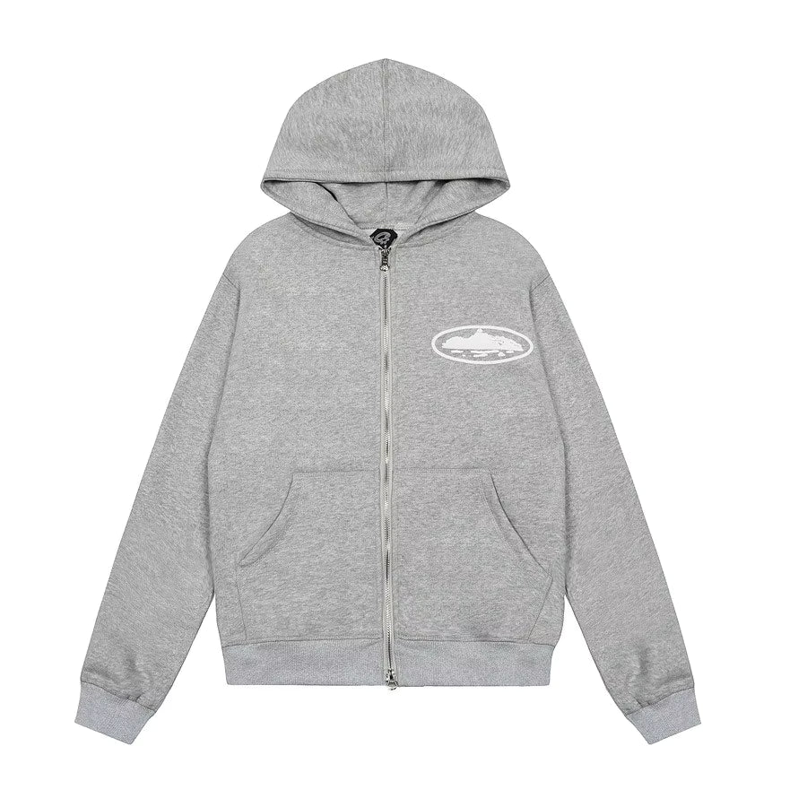 Corteiz Island Puff Print Zip-Up Hoodie-Gray